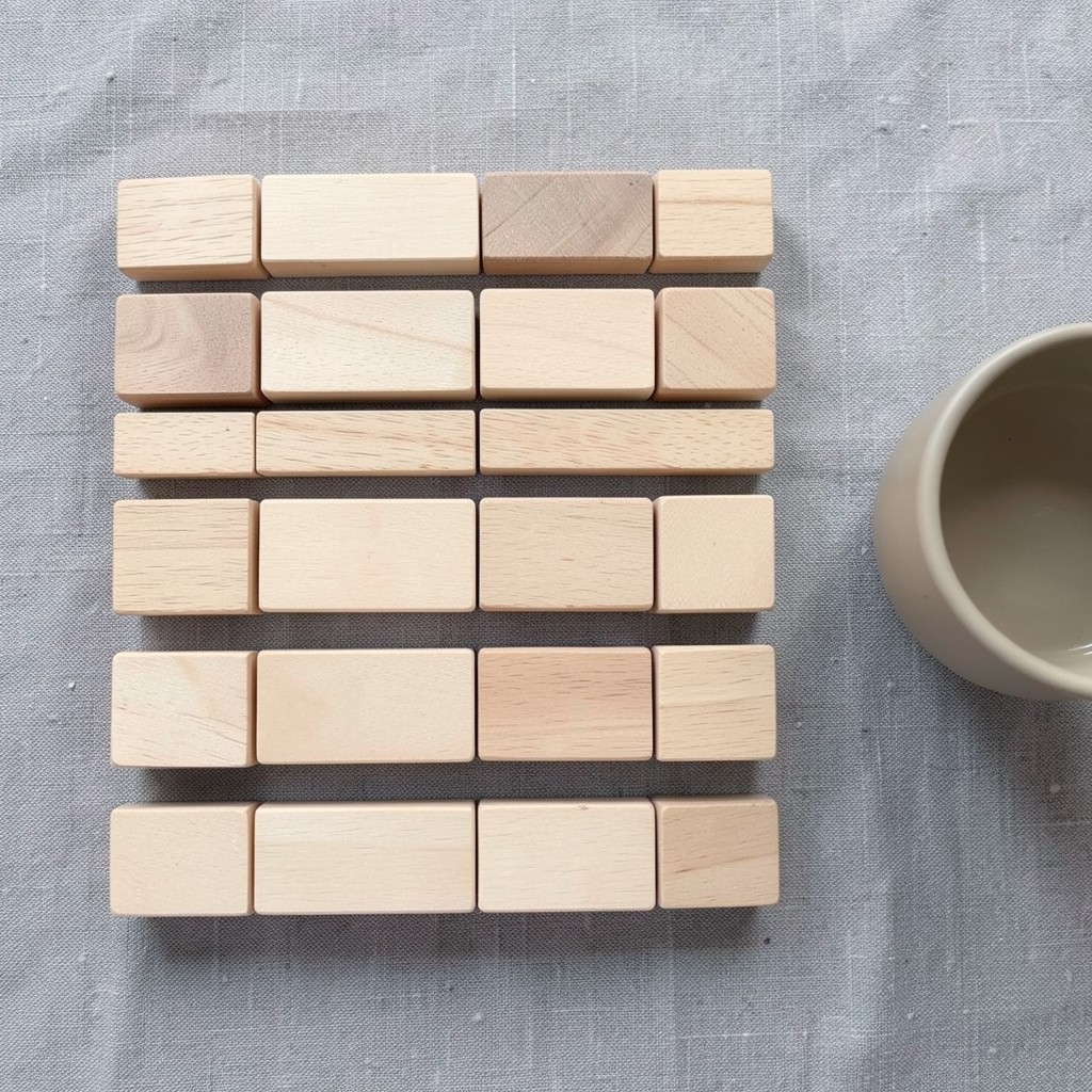 Plain wooden blocks arranged in neat rows on gray linen beside a ceramic cup