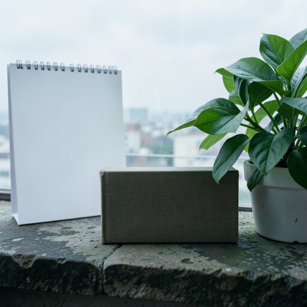 A closed cloth-bound book and a turned calendar on a windowsill beside a potted plant