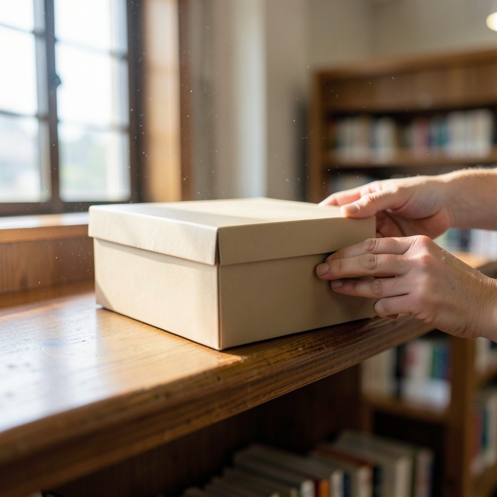 Hands sliding a plain archival box onto a wooden shelf in window light