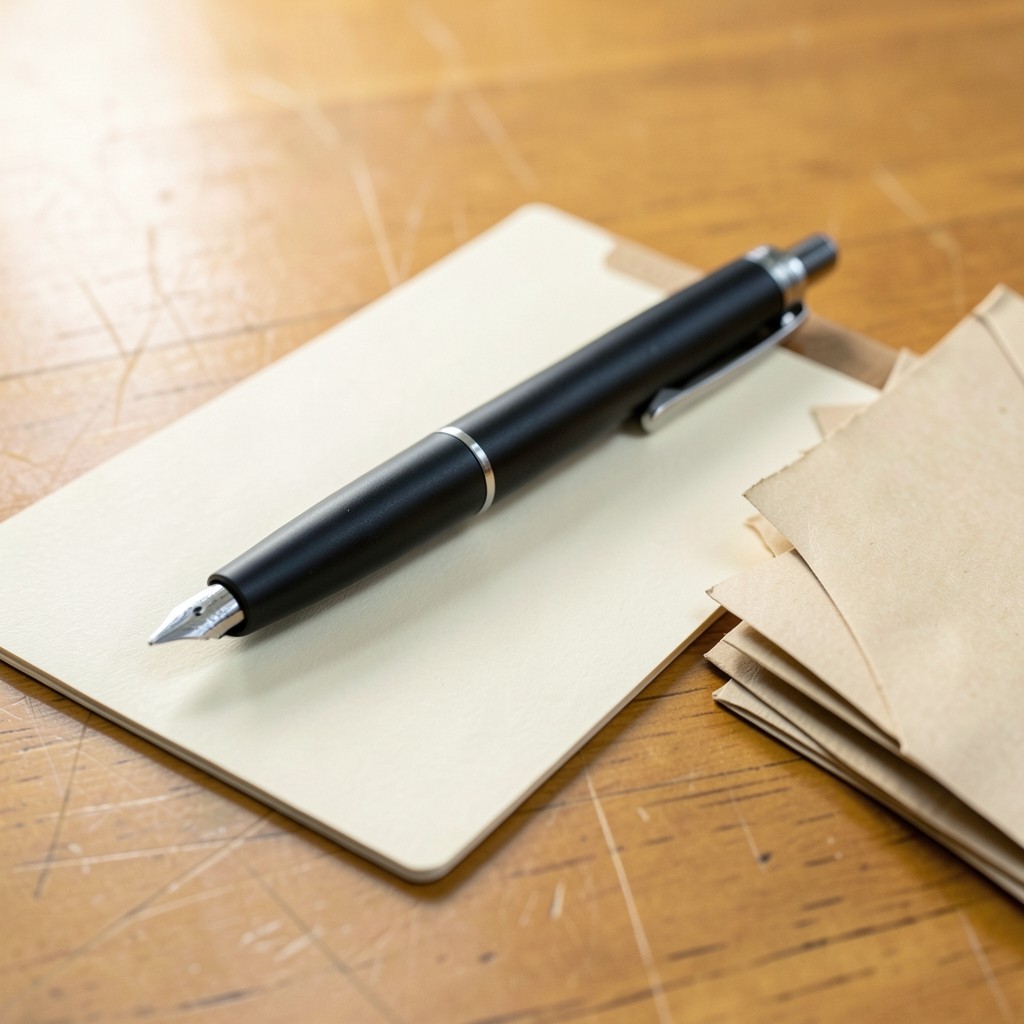 Fountain pen and a blank index card on an oak desk beside manila envelopes