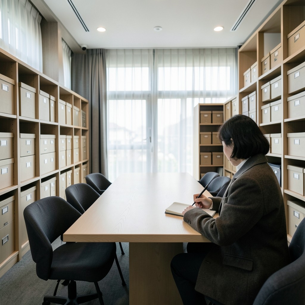Quiet Seoul reading room with a long oak table, archive shelves, and a researcher writing in a notebook