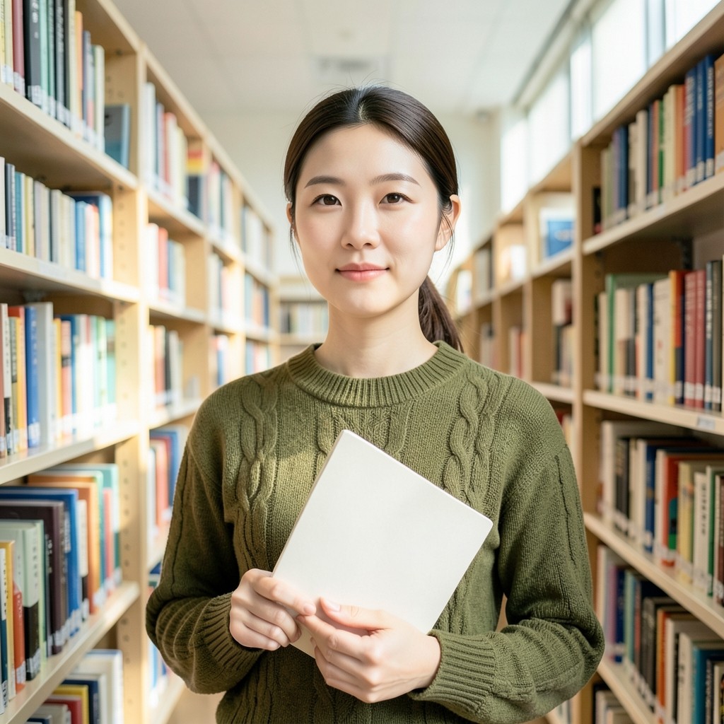 Hana Seo standing in a library aisle and holding a closed folder