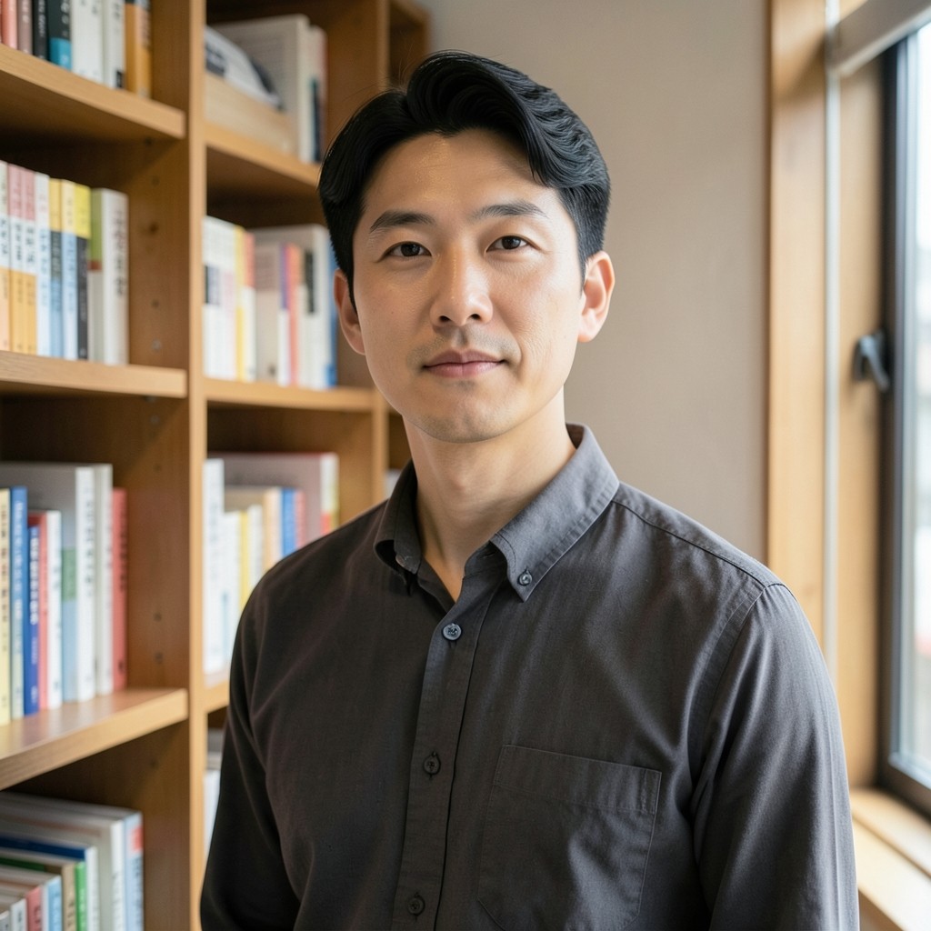 Minjae Park standing beside archive shelves in the Yongsan reading room