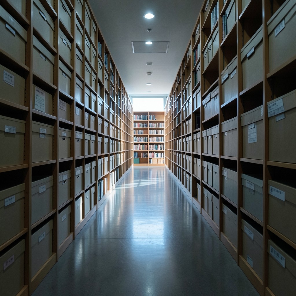 Aisle of wooden shelves filled with plain archival boxes in morning light
