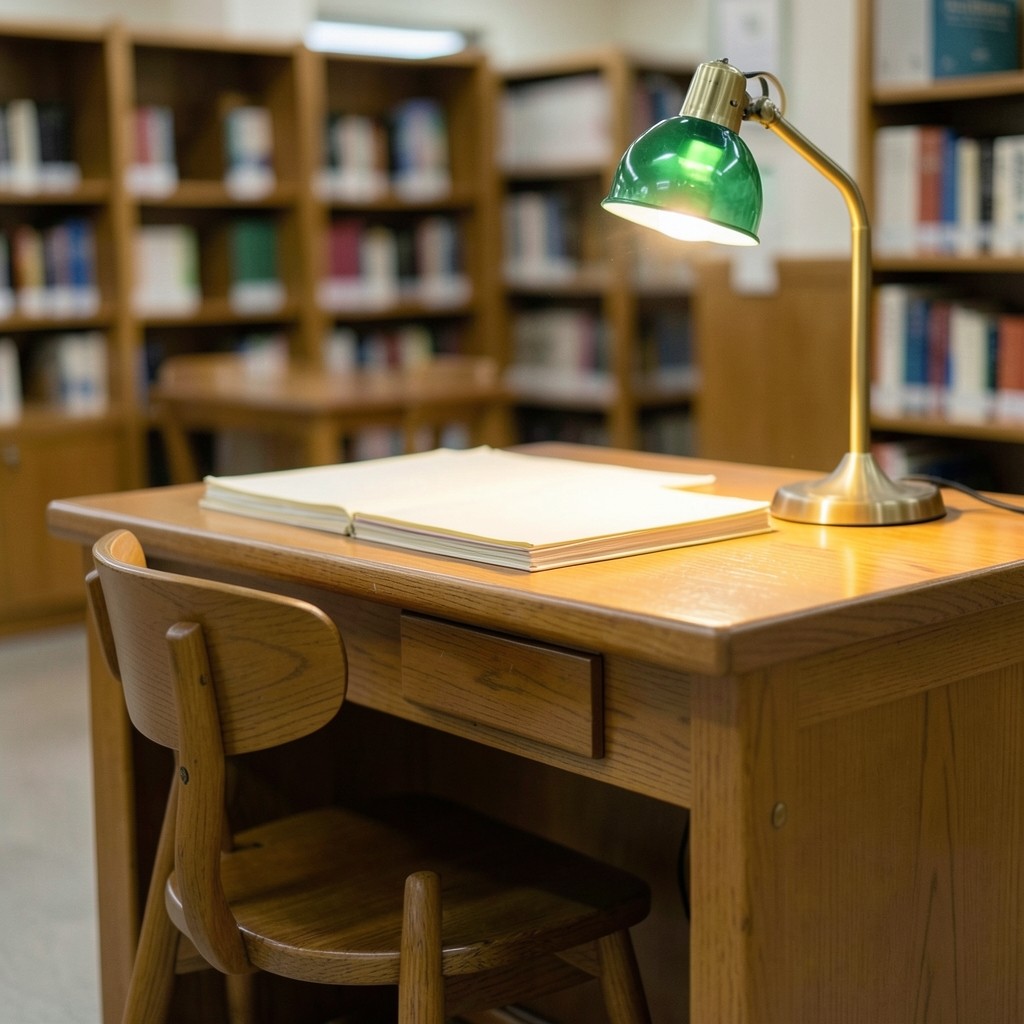 Reserved library desk with archival folders and a brass lamp in warm daylight