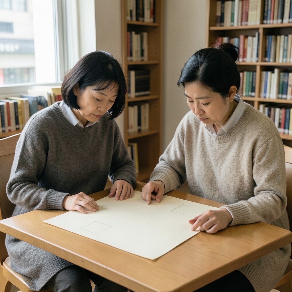 Two adults at a library table studying printed diagrams and a handwritten notebook