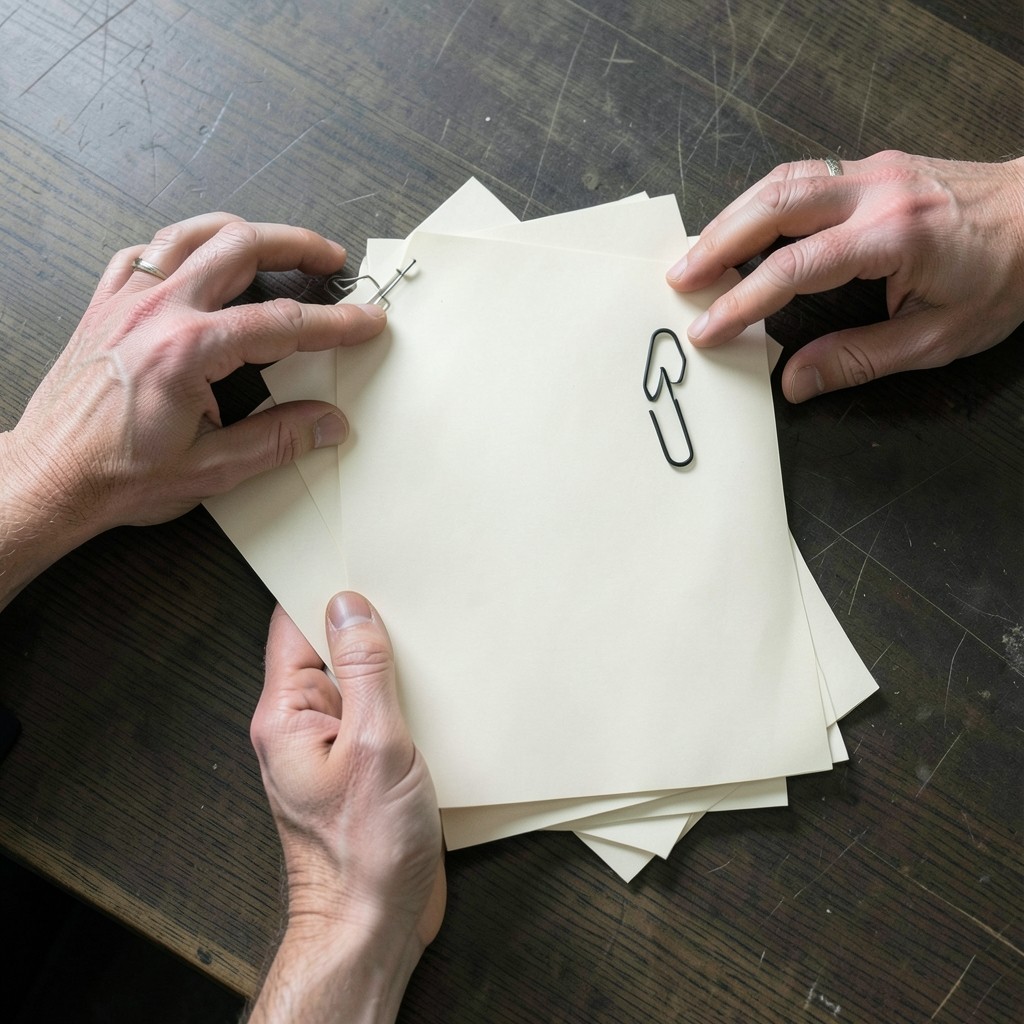 Hands arranging a stapled stack of blank pages on a dark wood desk