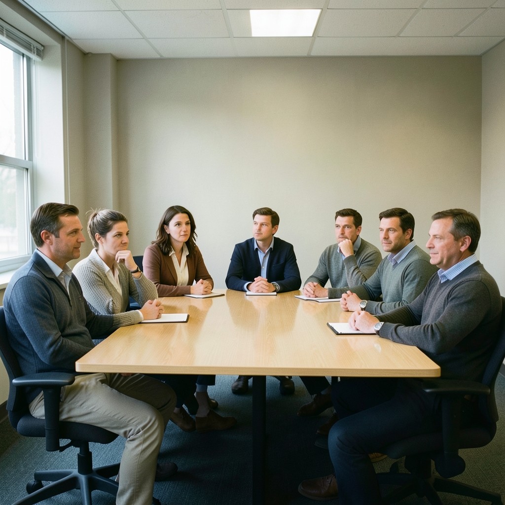 Six adults seated around a table with closed notebooks in a small seminar room